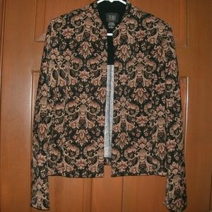 Vintage 90s Blazer Open Front Damask Jacquard Jacket Black Tan Size 8